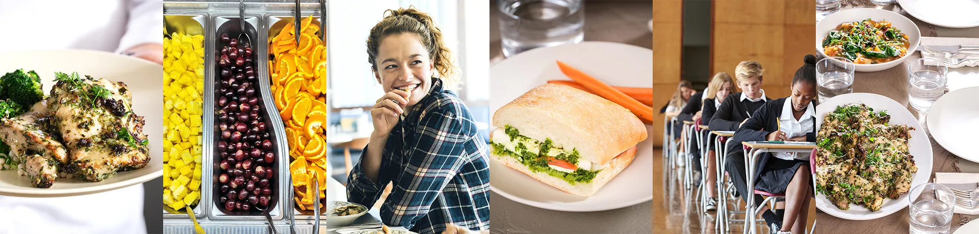 collection of images showing food and students in independent schools