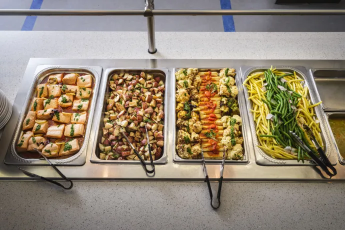 A buffet-style food counter with trays of cooked salmon, roasted potatoes, mixed steamed vegetables, and seasoned green beans and yellow beans.